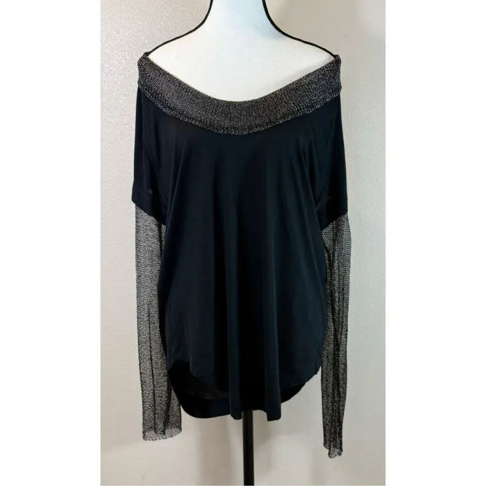 NWT Free People Bit Of Shine Oversized Long Metallic Sleeves Tee Shirt Women's S